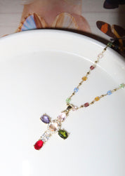 Geraldine Colorful Crystal Cross Golden Necklace