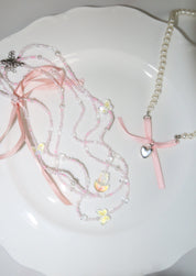 Nanako Pink Ribbon Silver Heart Necklace