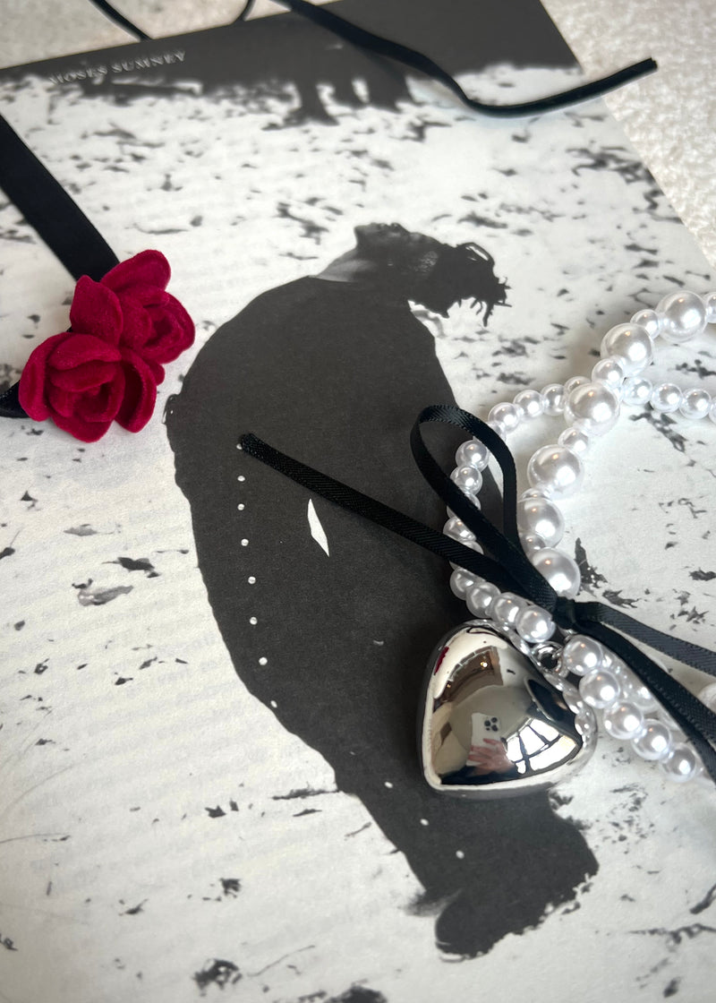 Valentine Black Bow Silver Heart Pearl Necklace