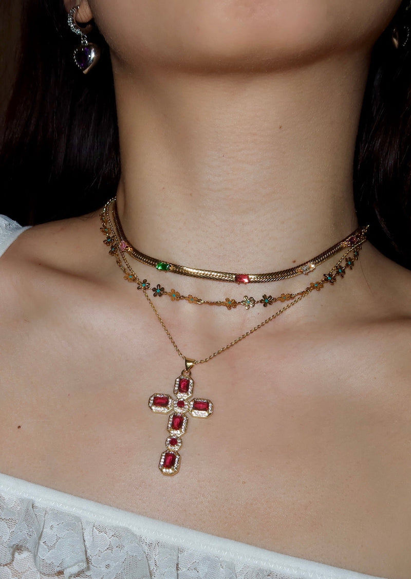 Scarlett Red Golden Cross Necklace
