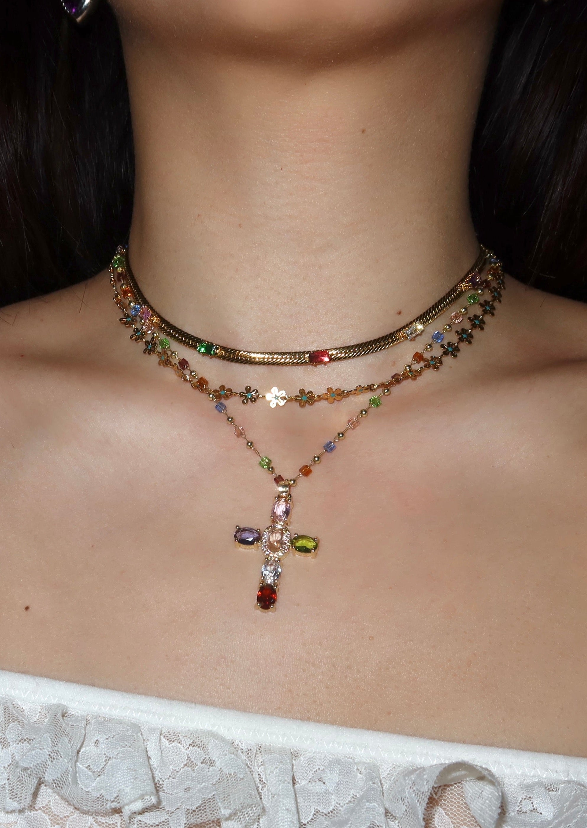 Geraldine Colorful Crystal Cross Golden Necklace