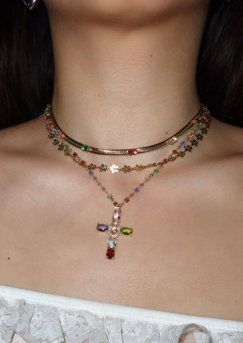 Geraldine Colorful Crystal Cross Golden Necklace
