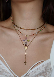 Geraldine Colorful Crystal Cross Golden Necklace