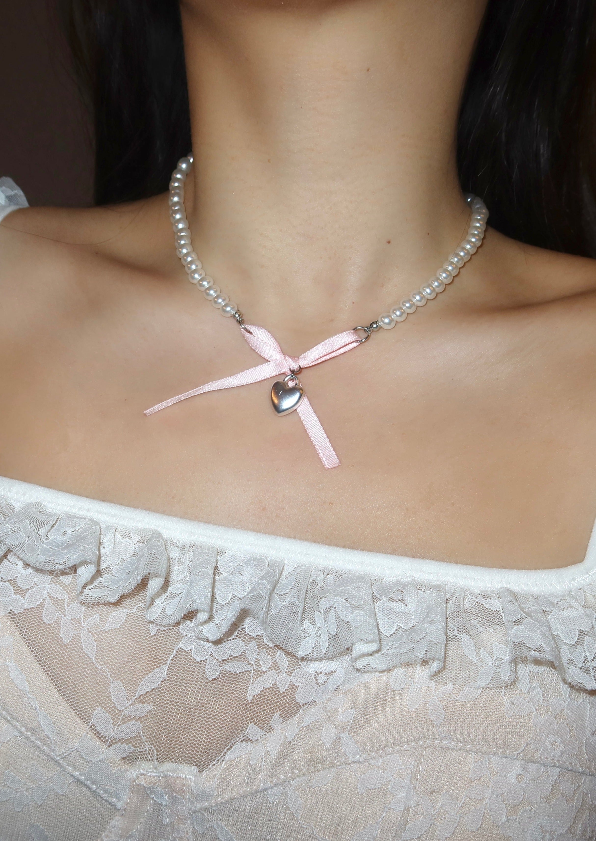 Nanako Pink Ribbon Silver Heart Necklace