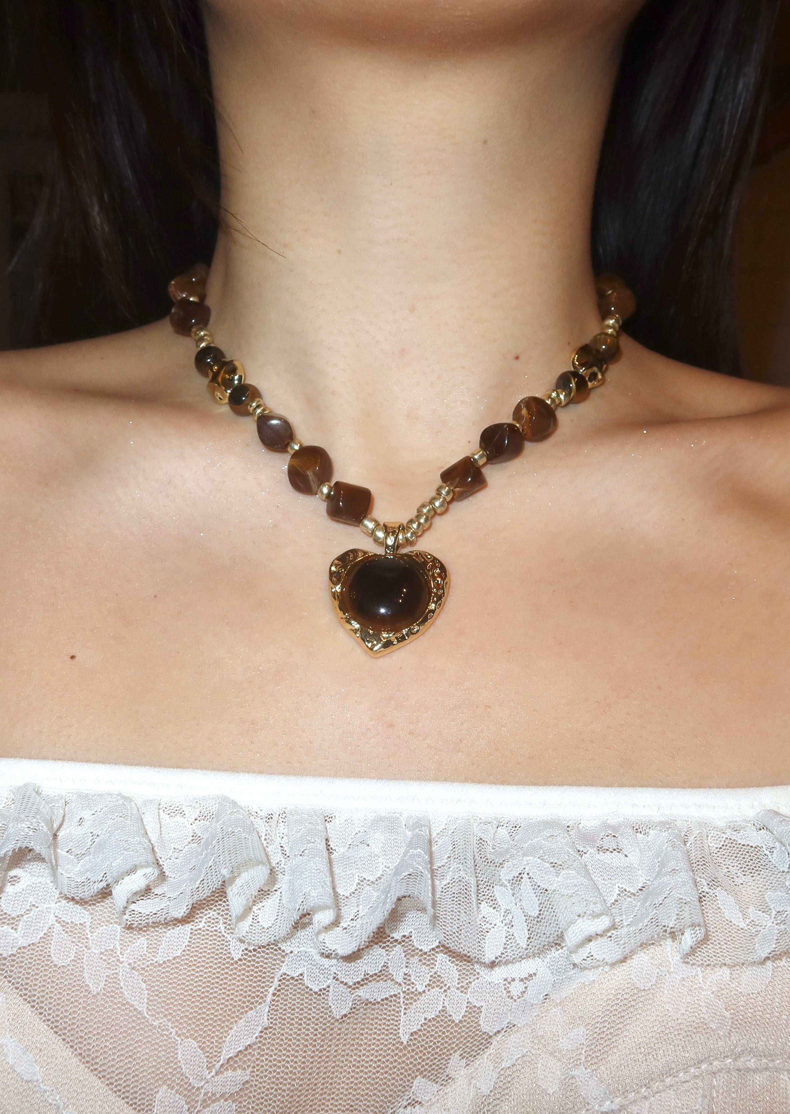 Manuelle Brown Stone Tiger's Eye Golden Necklace