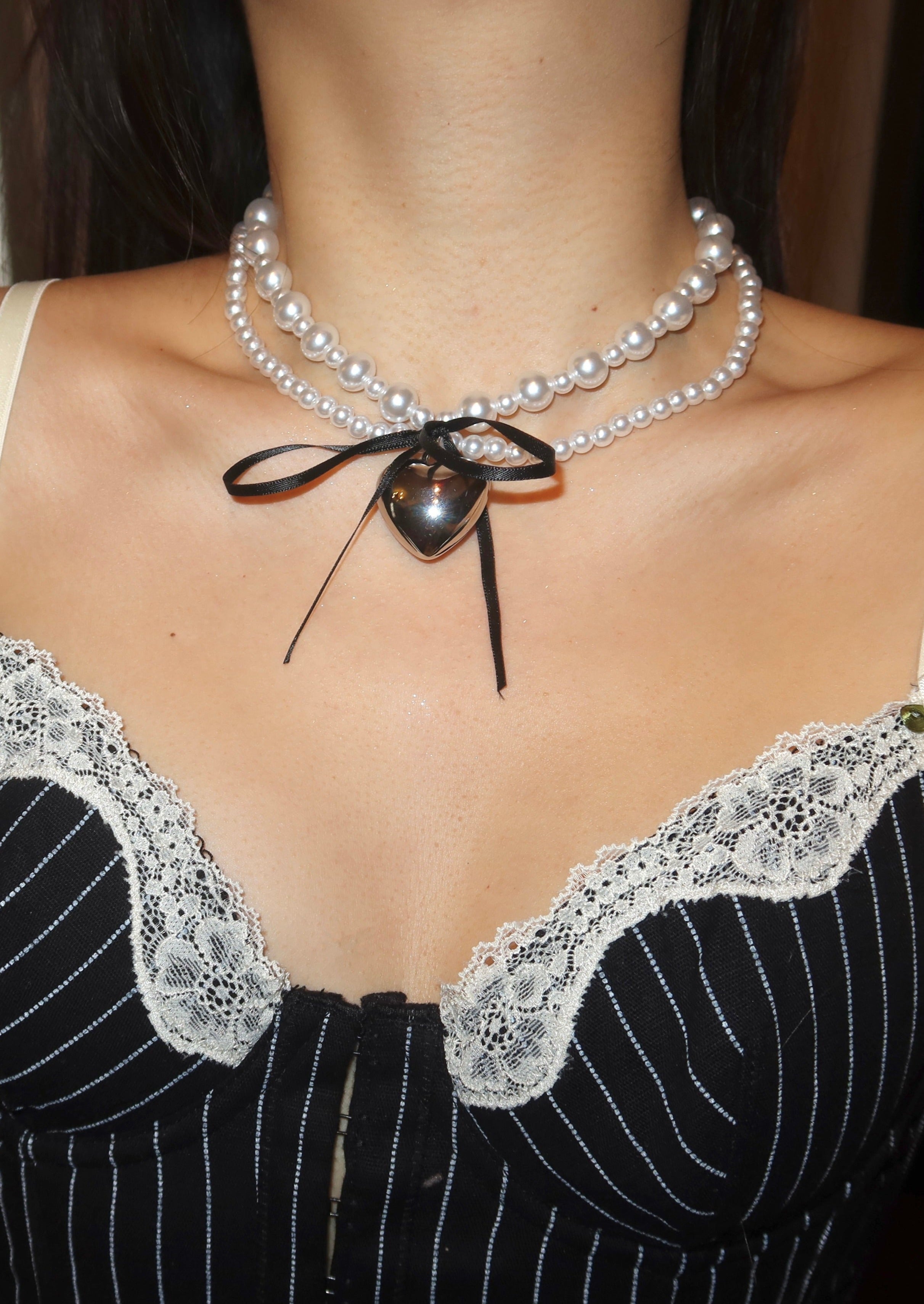 Valentine Black Bow Silver Heart Pearl Necklace