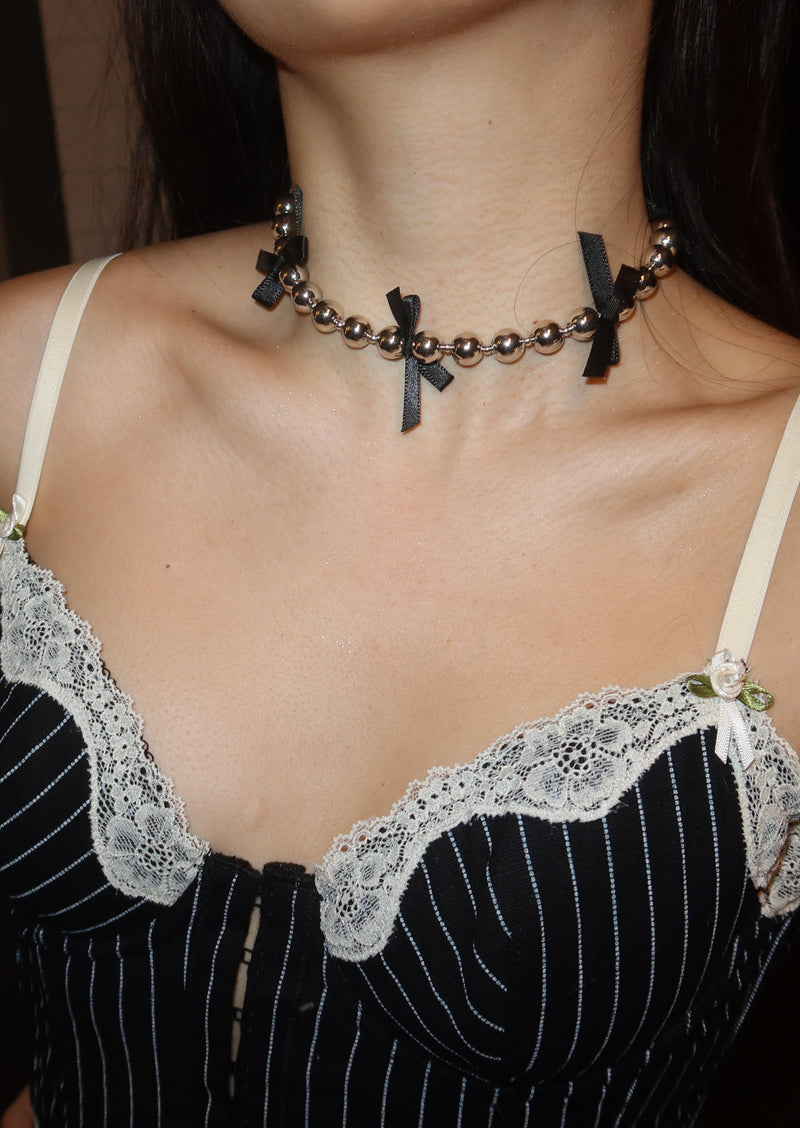 Helena Black Ribbon Silver Necklace