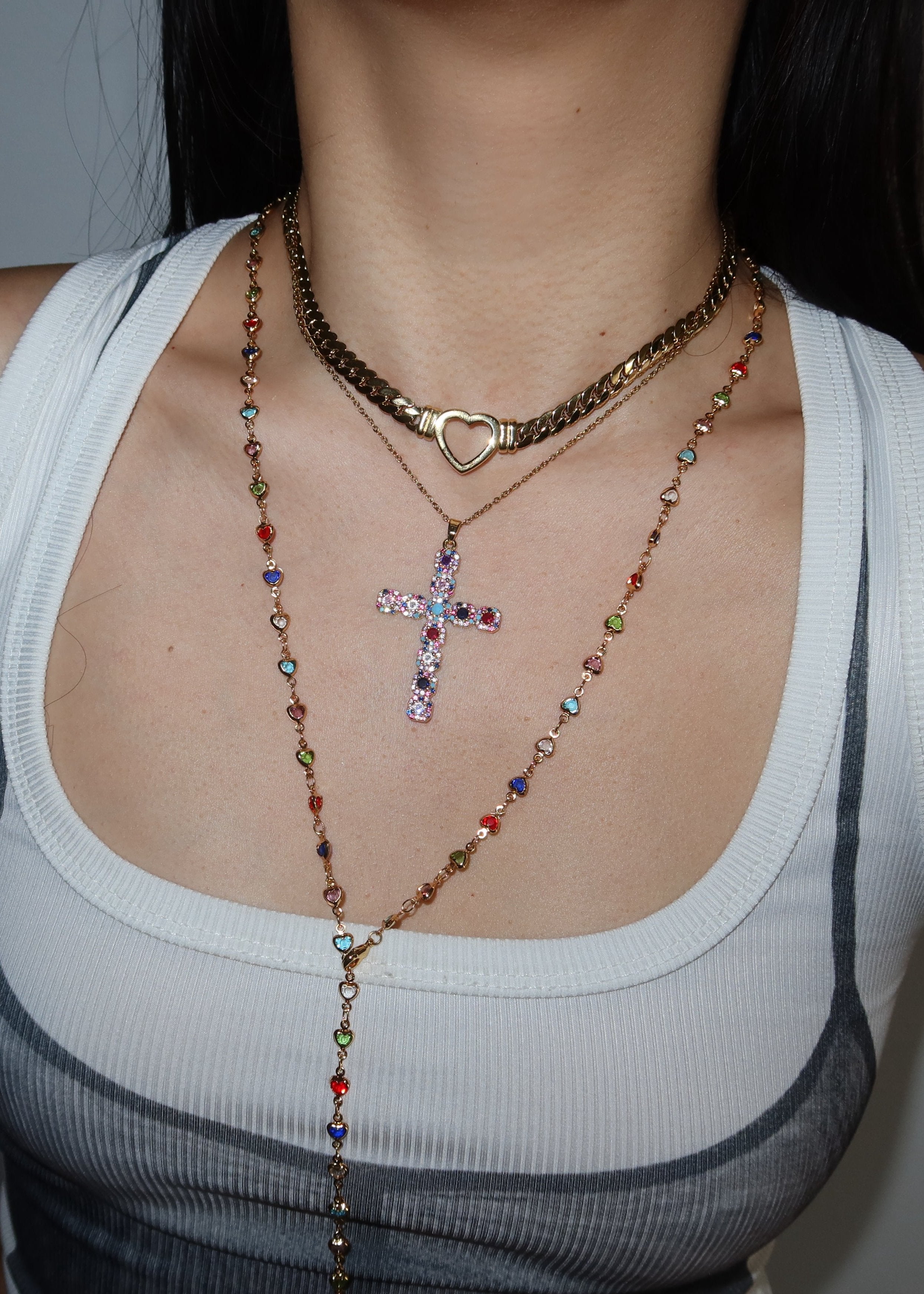 Michelle Colorful Hearts Love Golden XL Long Lariat Necklace