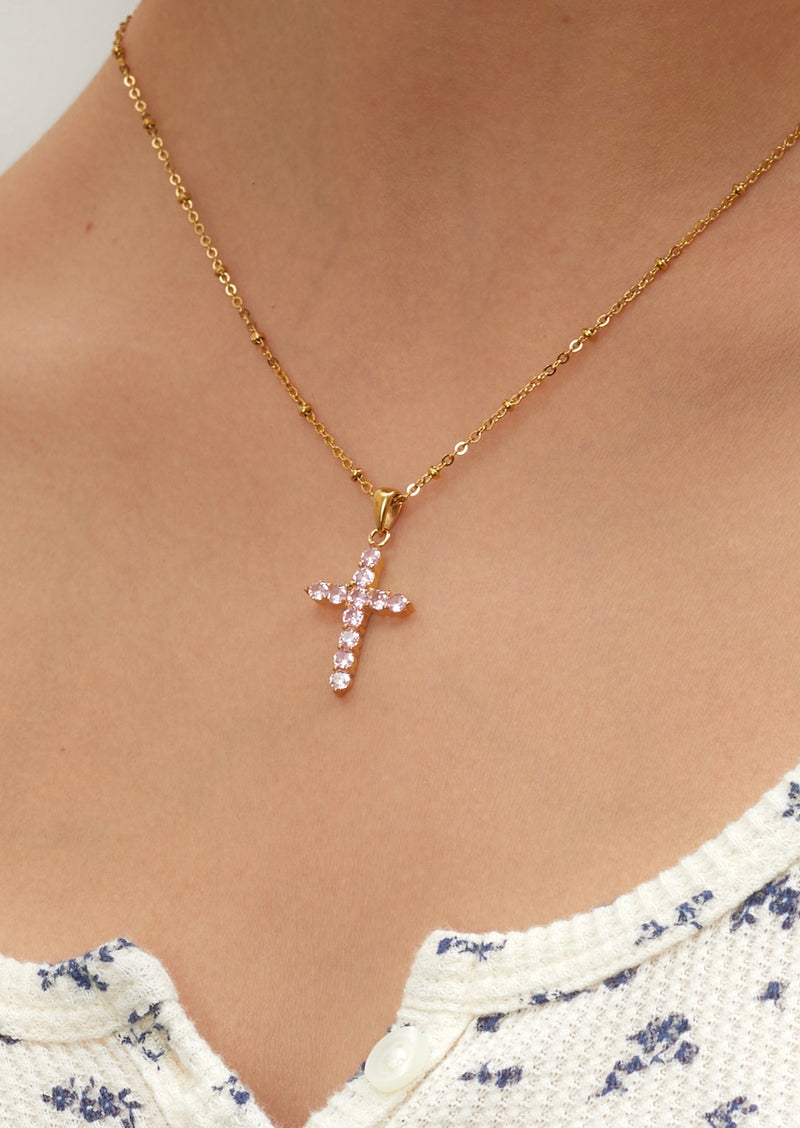 Grace Pink Golden Cross Necklace