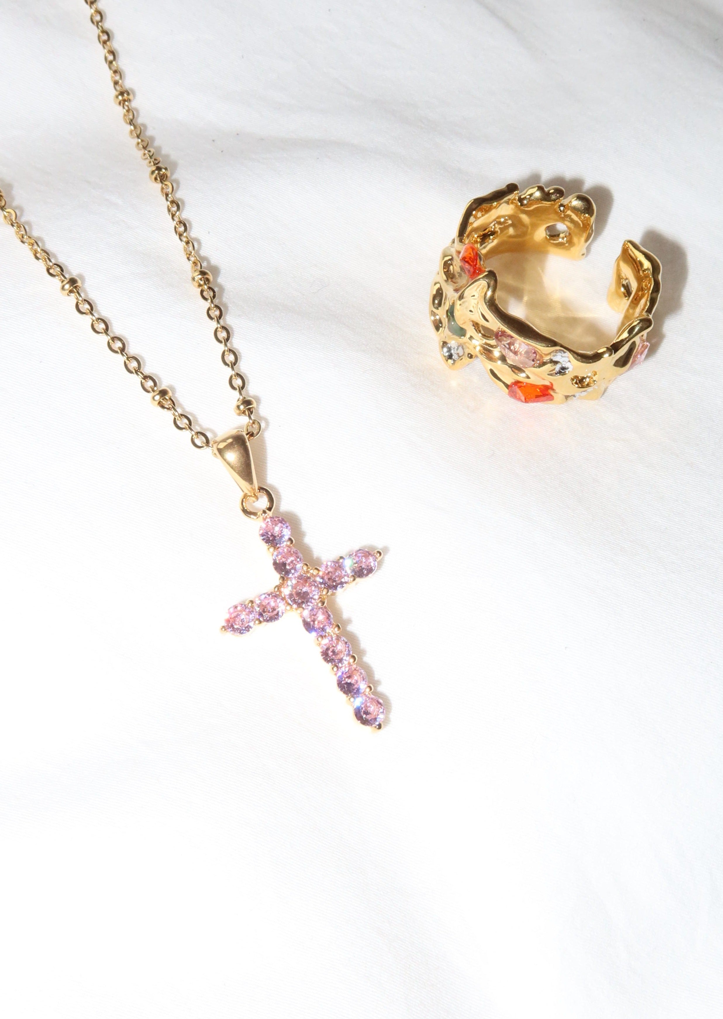 Grace Pink Golden Cross Necklace