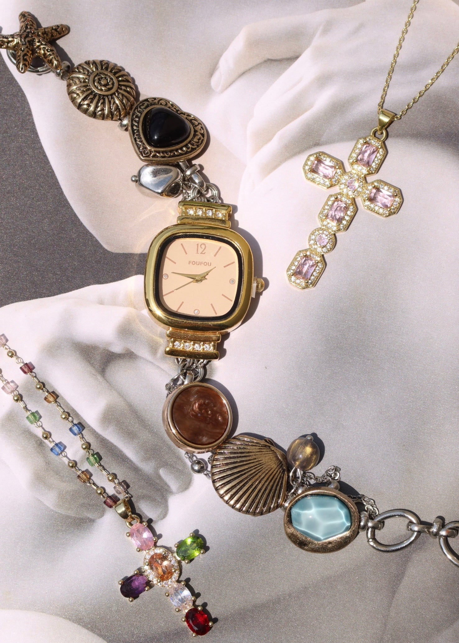 Geraldine Colorful Crystal Cross Golden Necklace