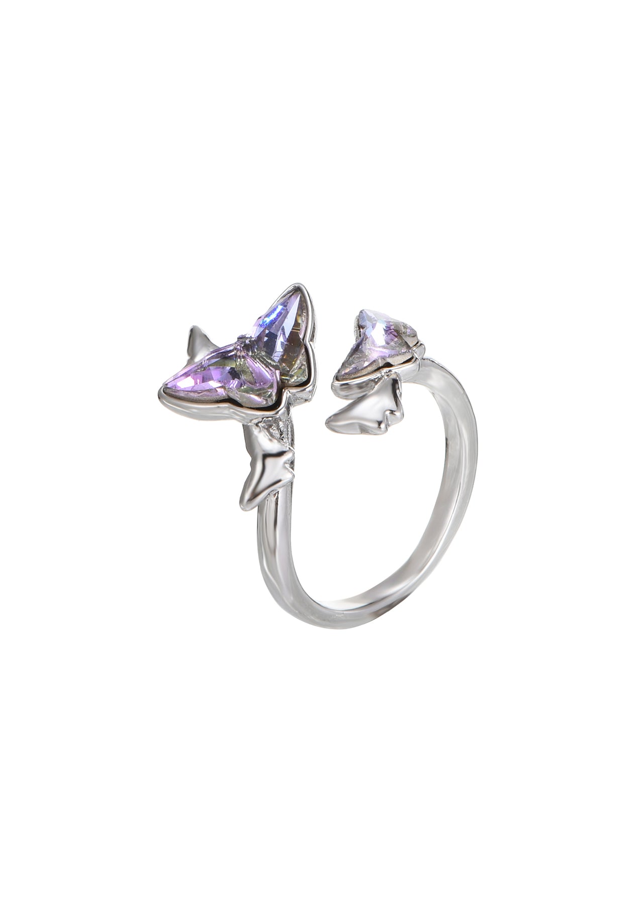 Crystal Purple Butterfly Adjustable Silver Ring