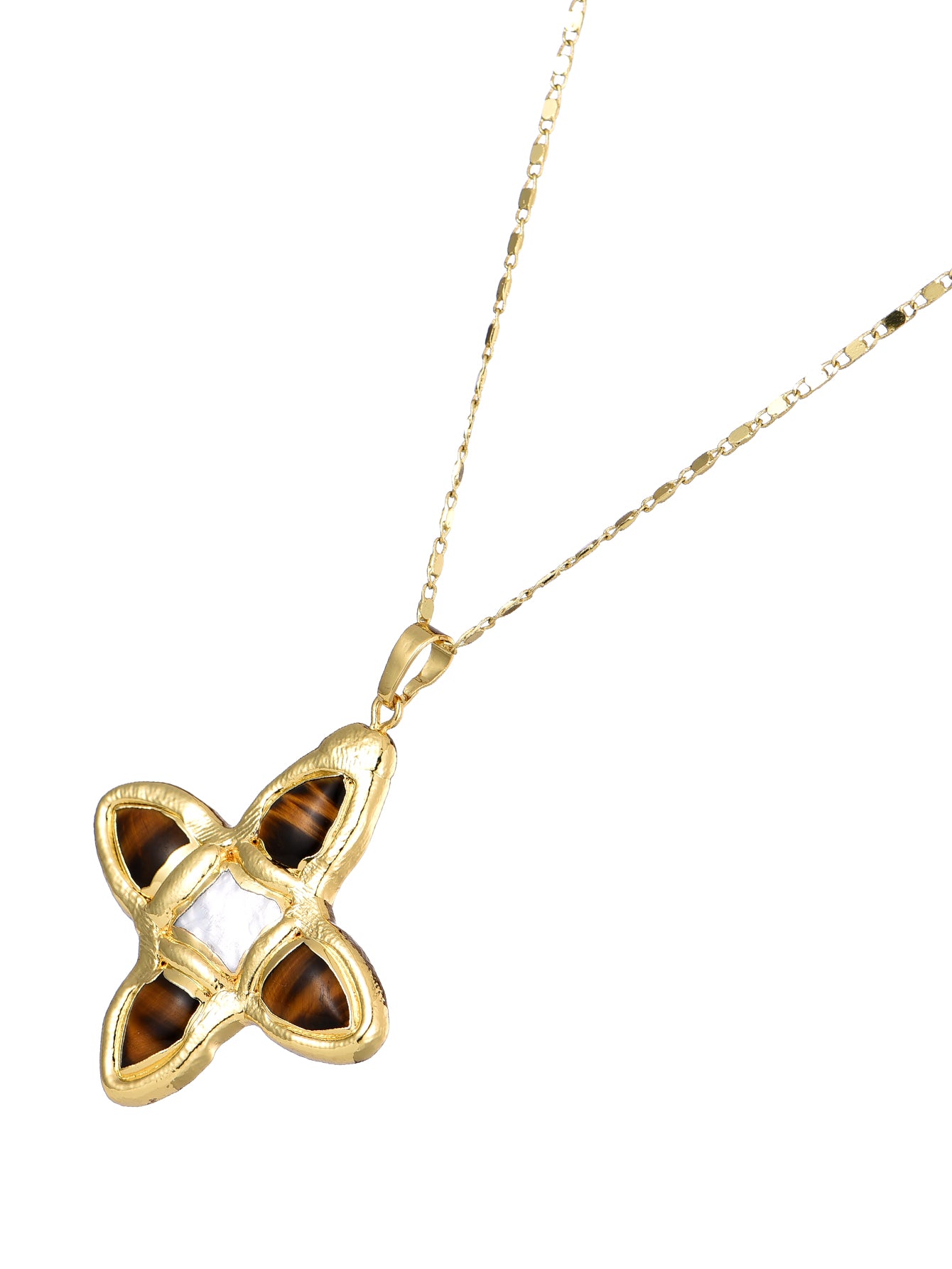 Lou Tiger's Eye Shell Cross Gold Necklace