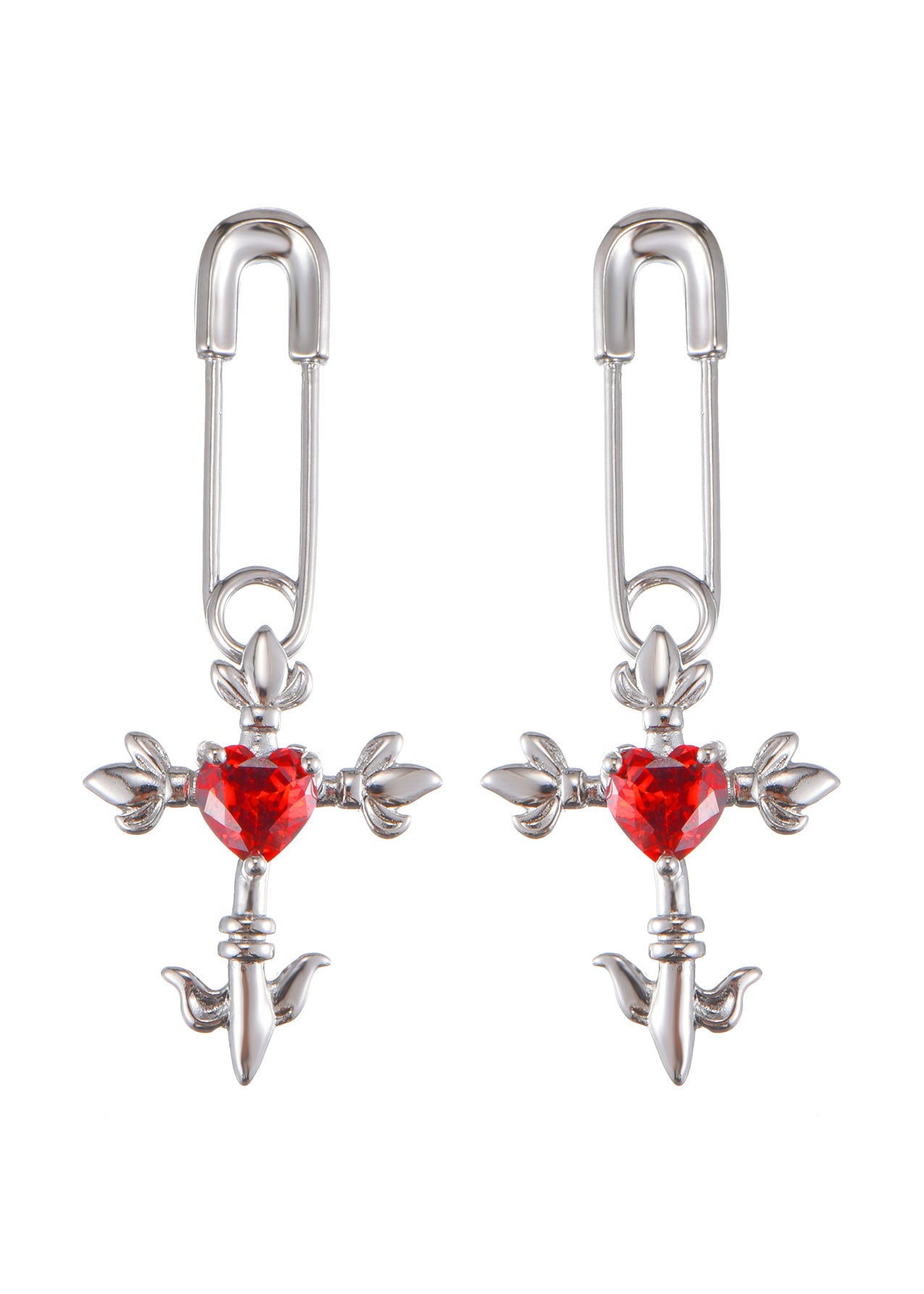 Foufou Red Crazy Love Cross Heart Silver Earrings