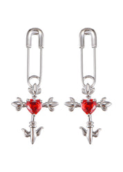 Foufou Red Crazy Love Cross Heart Silver Earrings