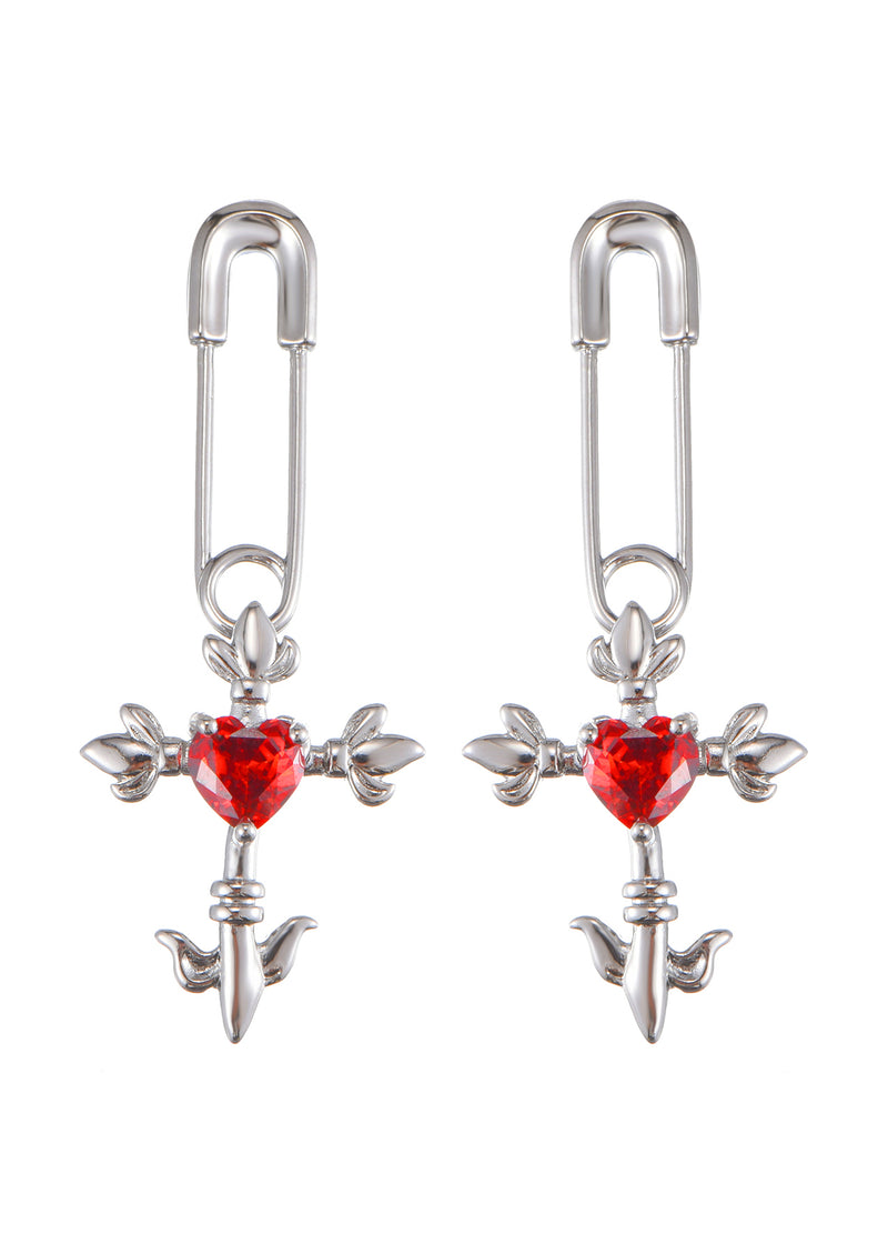 Foufou Red Crazy Love Cross Heart Silver Earrings