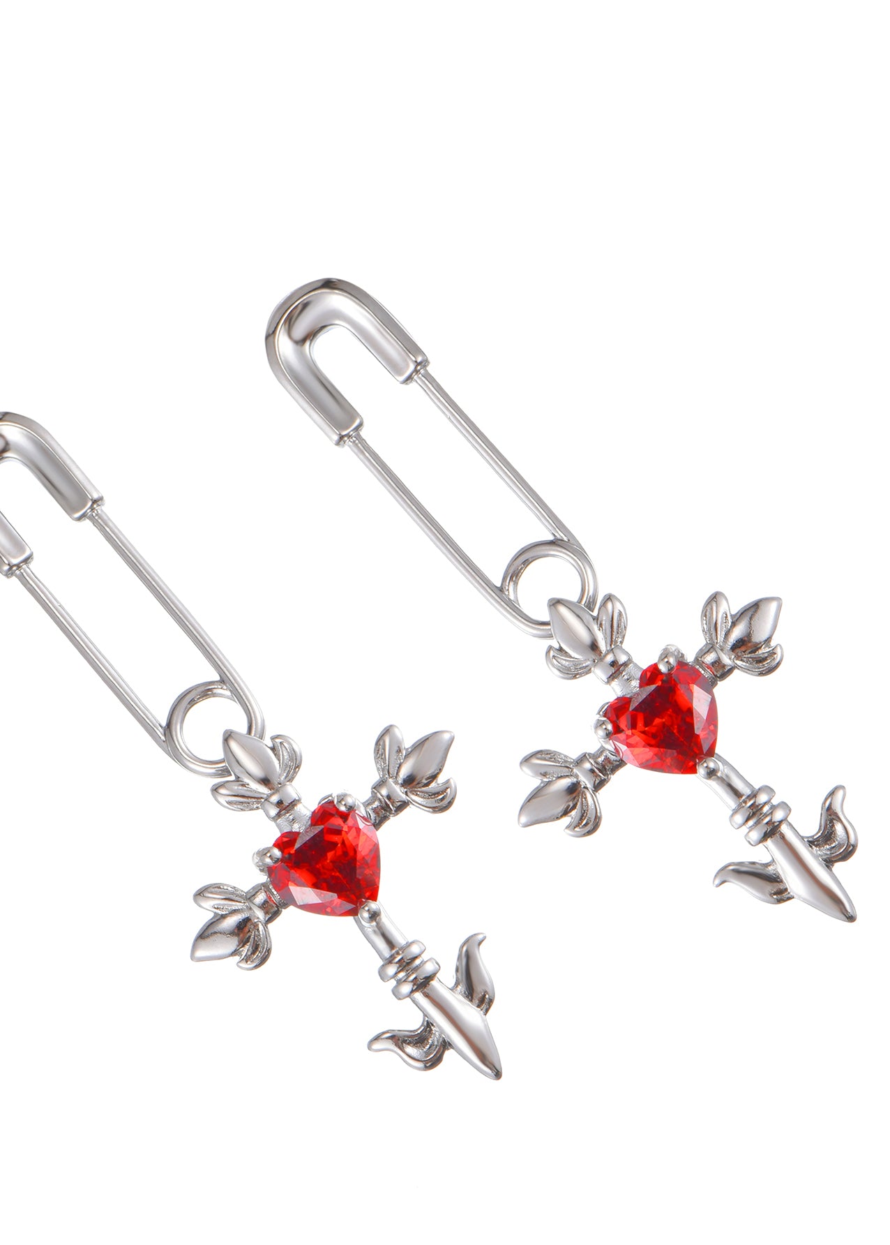 Foufou Red Crazy Love Cross Heart Silver Earrings