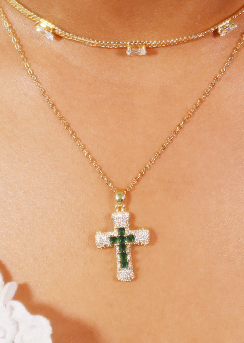 Fabrice Green Cross Necklace