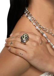 Midnight O'Clock Black White Adjustable Silver Watch Ring