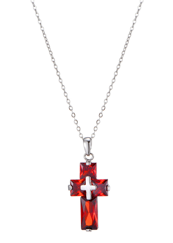 Amber Red Cross Silver Necklace