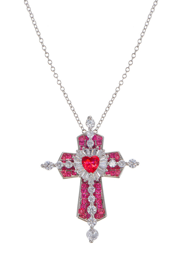 Trya Red Heart Cross Glitterling Necklace