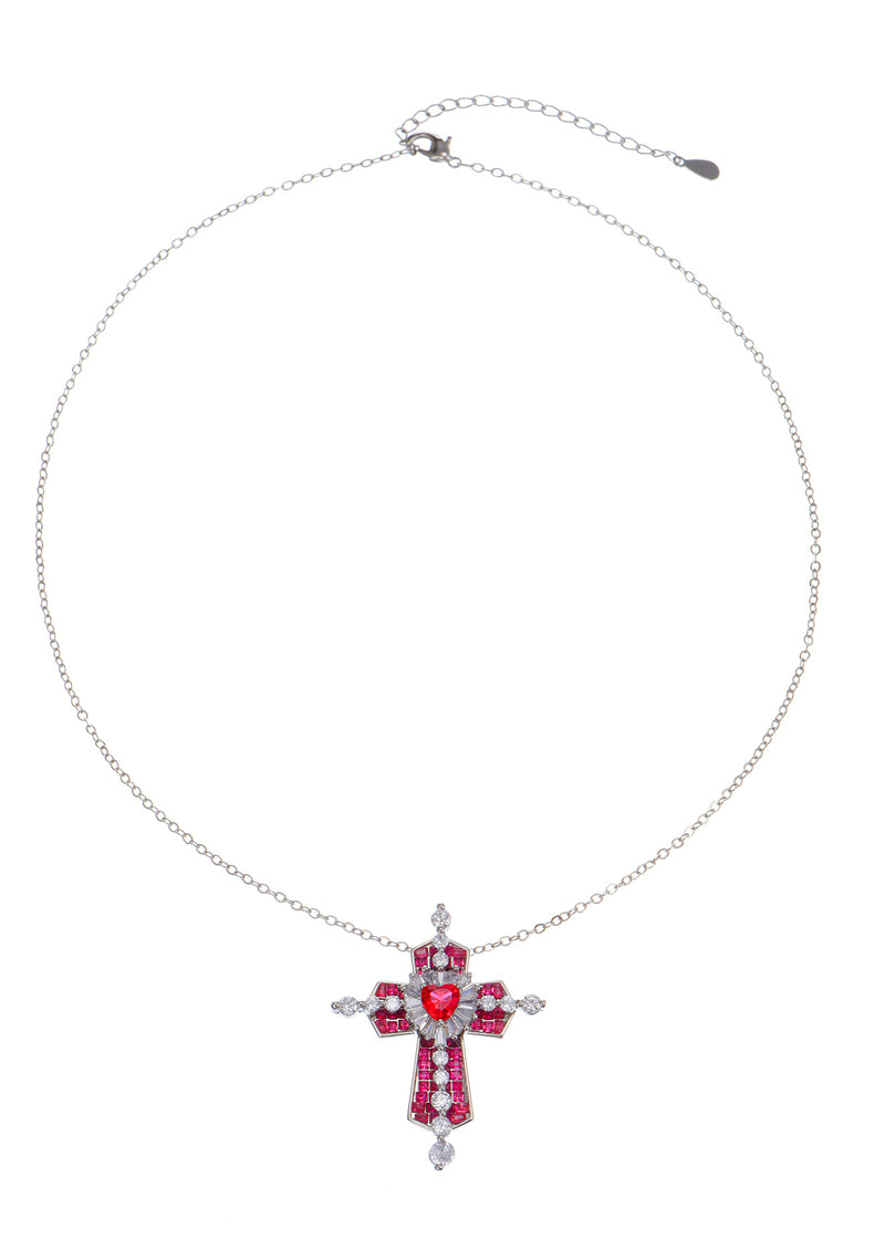 Trya Red Heart Cross Glitterling Necklace