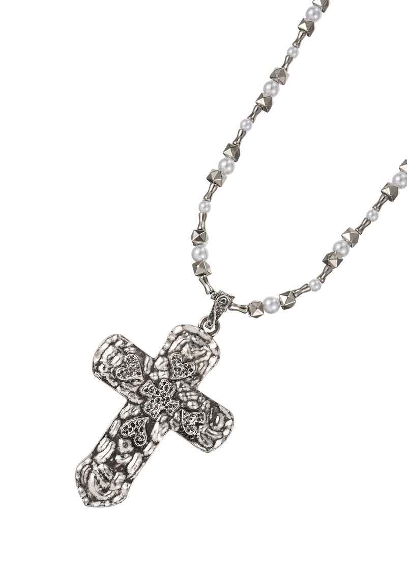 Ursula Large Cross Silver Long Necklace