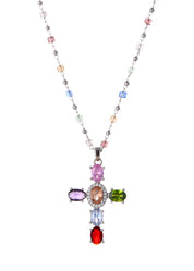 Geraldine Colorful Crystal Cross Silver Necklace