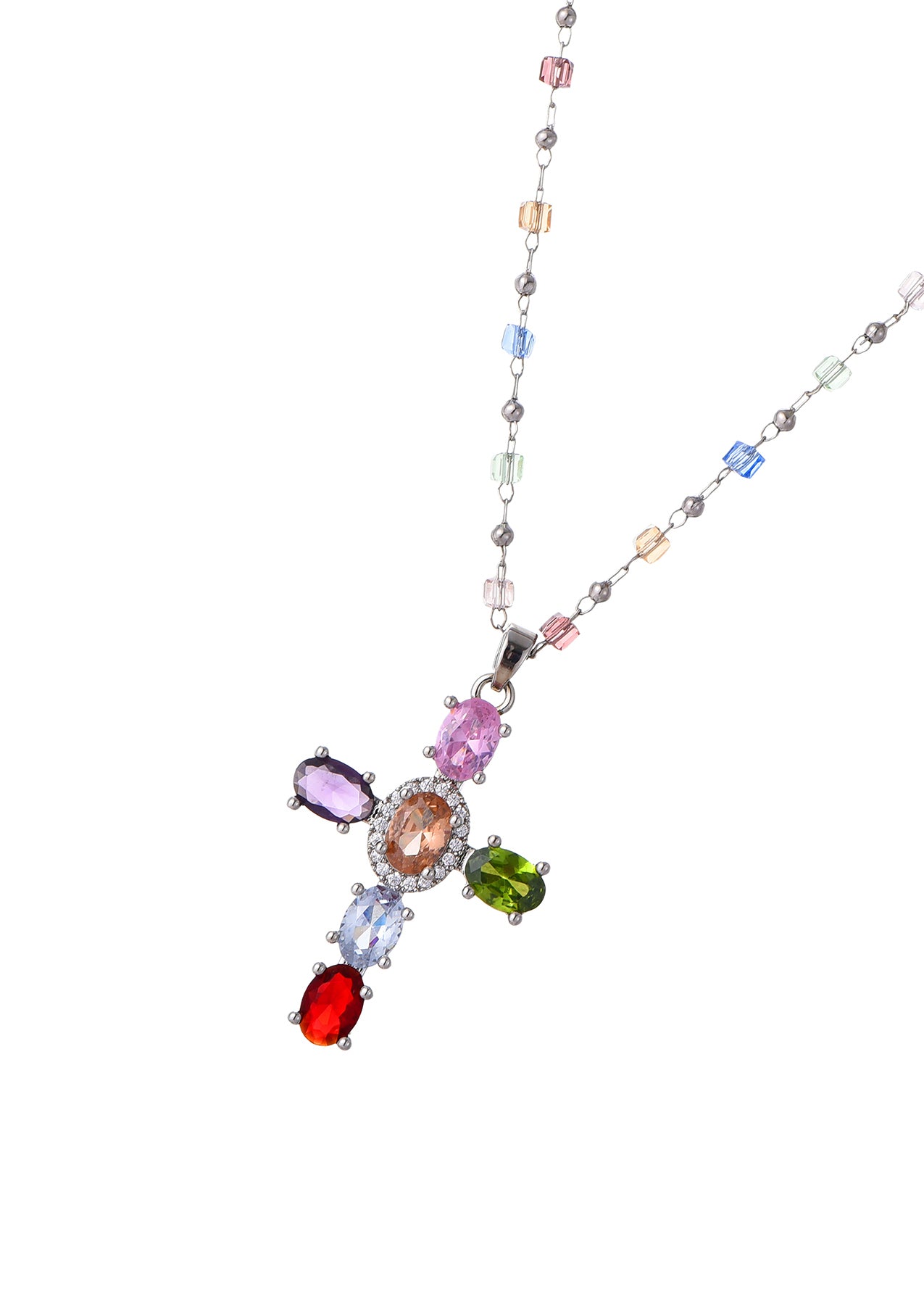 Geraldine Colorful Crystal Cross Silver Necklace