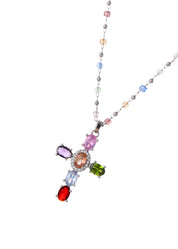 Geraldine Colorful Crystal Cross Golden Necklace