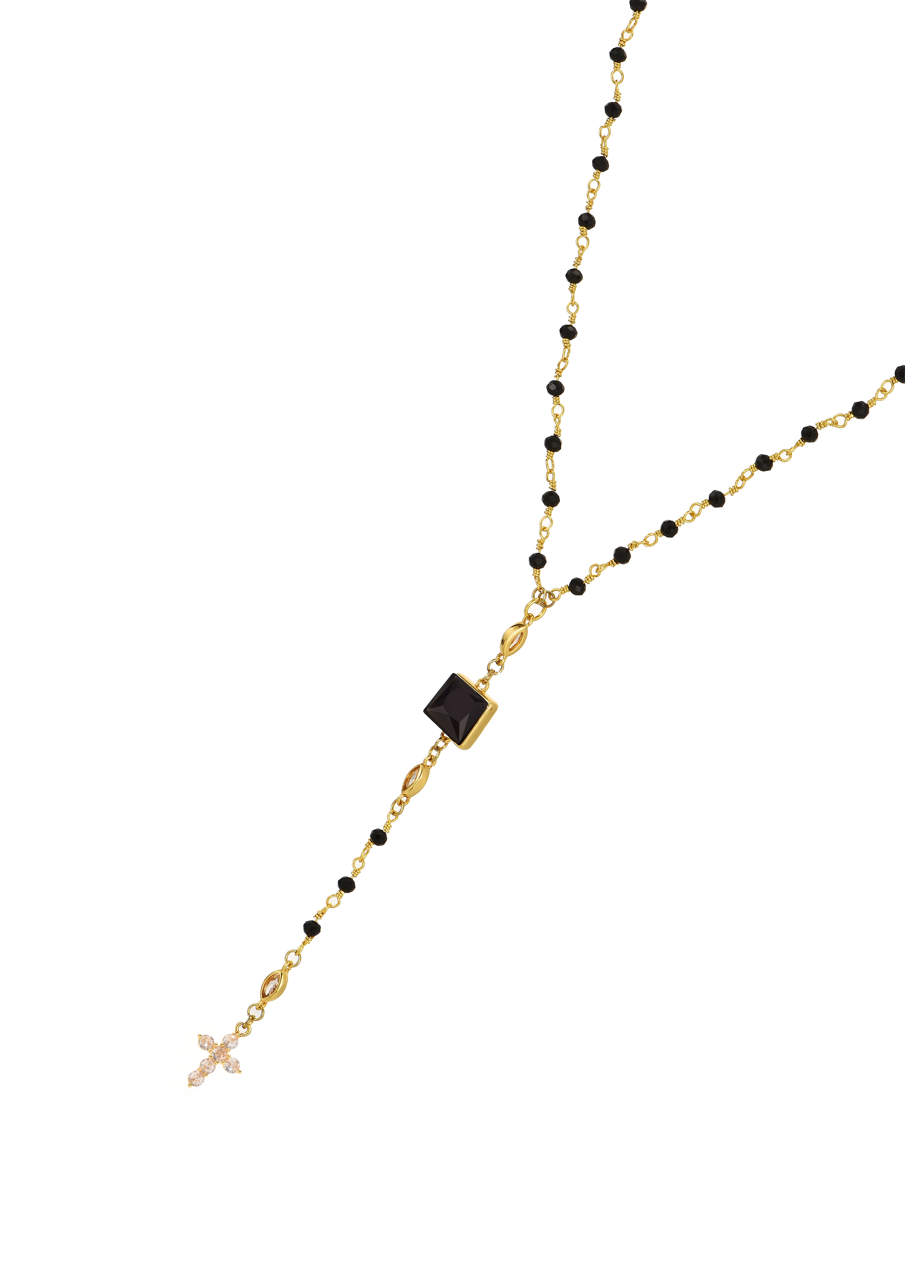 Saskia Black Beaded Cross Lariat Golden Necklace – Vintage Jewelry