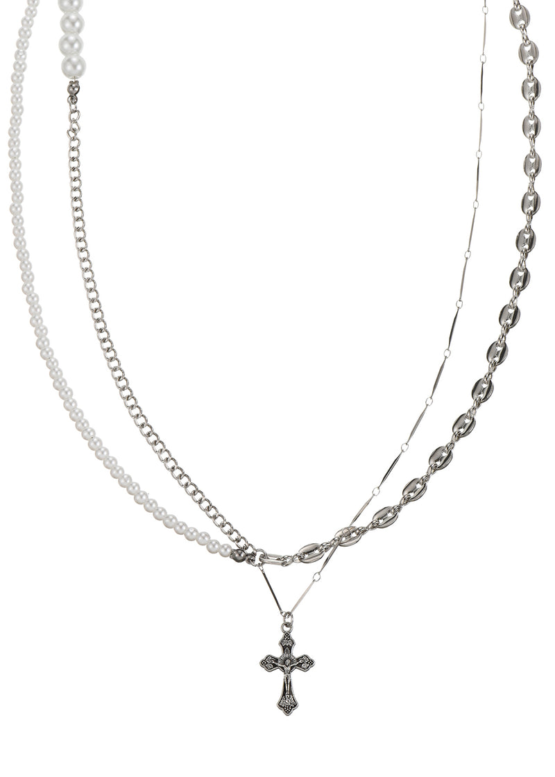 Mary White Rose Cross Pearl Long Layer Necklace