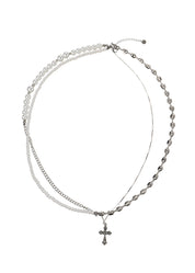 Mary White Rose Cross Pearl Long Layer Necklace