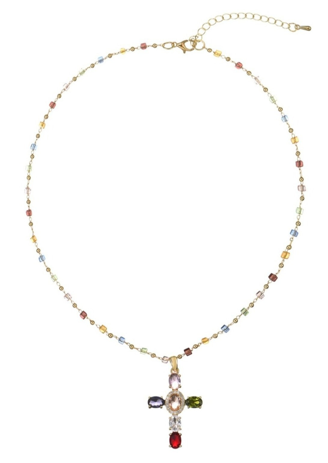 Geraldine Colorful Crystal Cross Golden Necklace