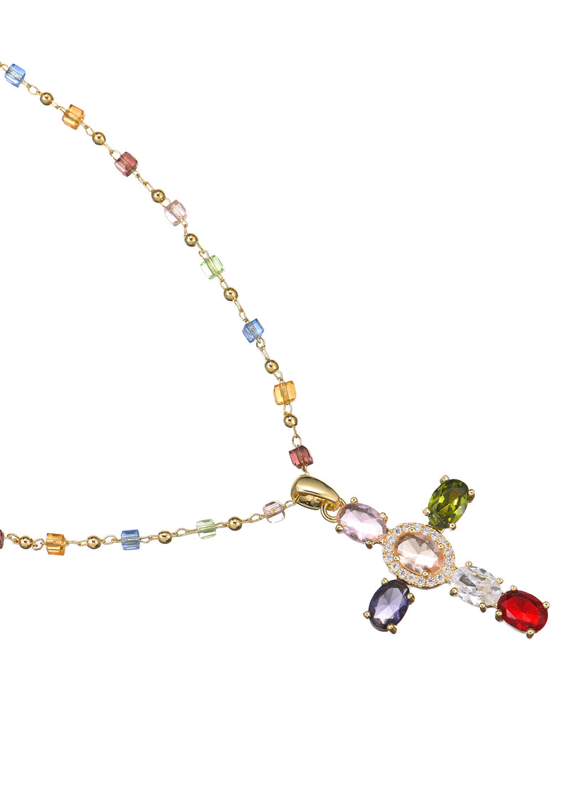 Geraldine Colorful Crystal Cross Golden Necklace