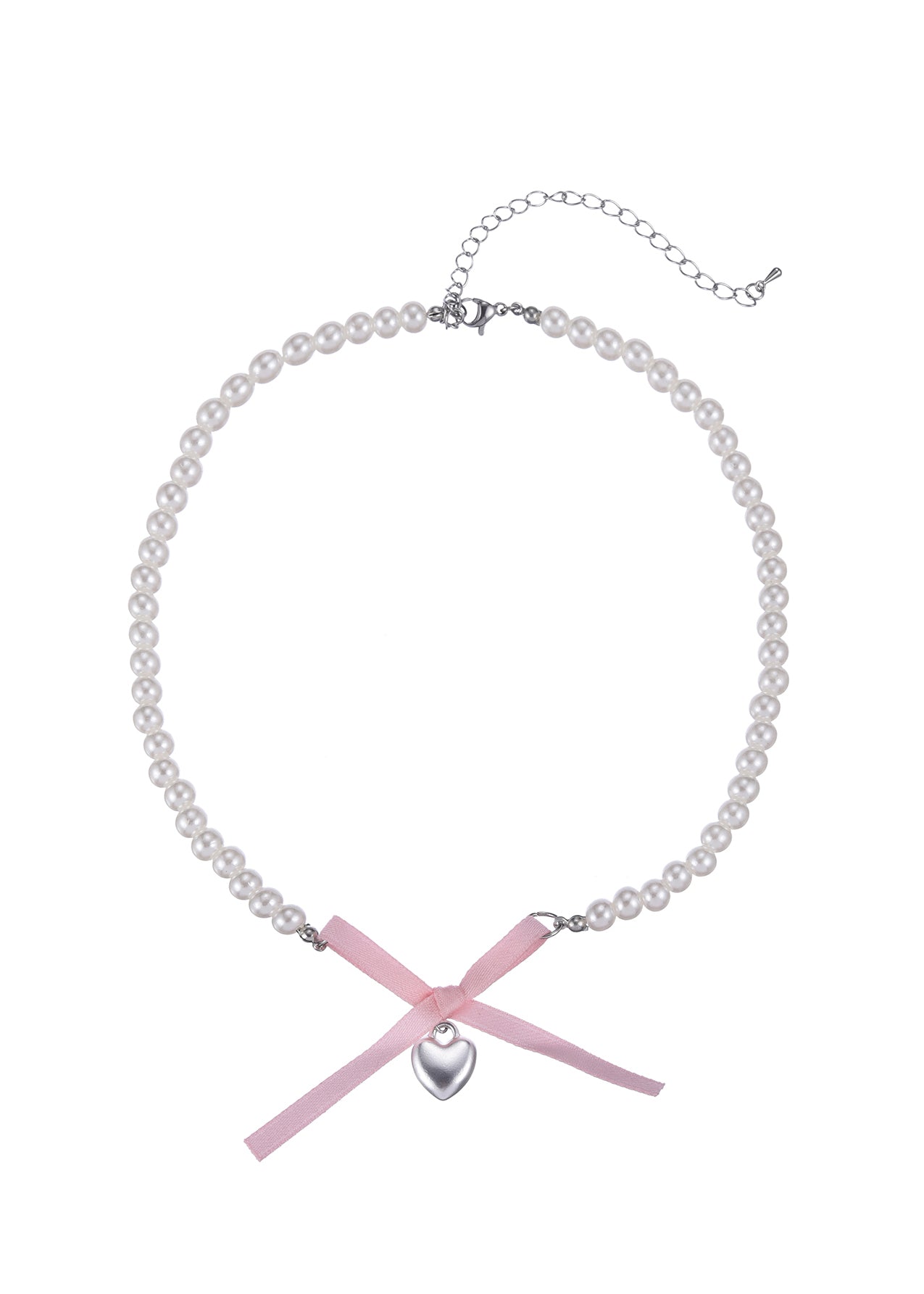 Nanako Pink Ribbon Silver Heart Necklace