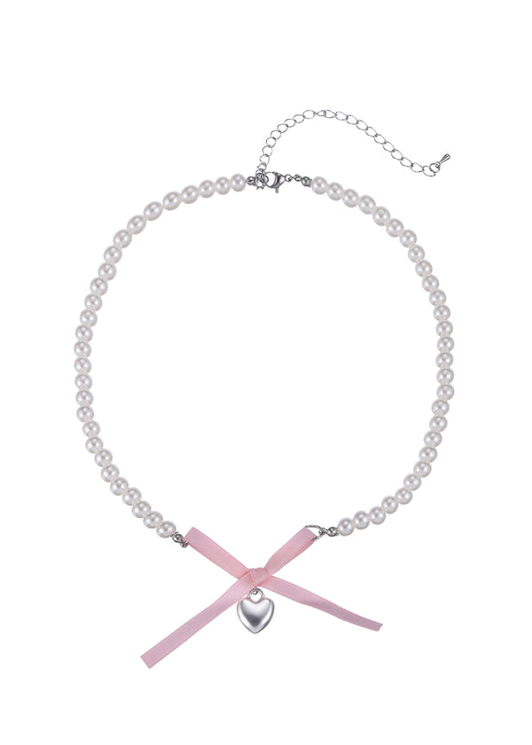 Nanako Pink Ribbon Silver Heart Necklace