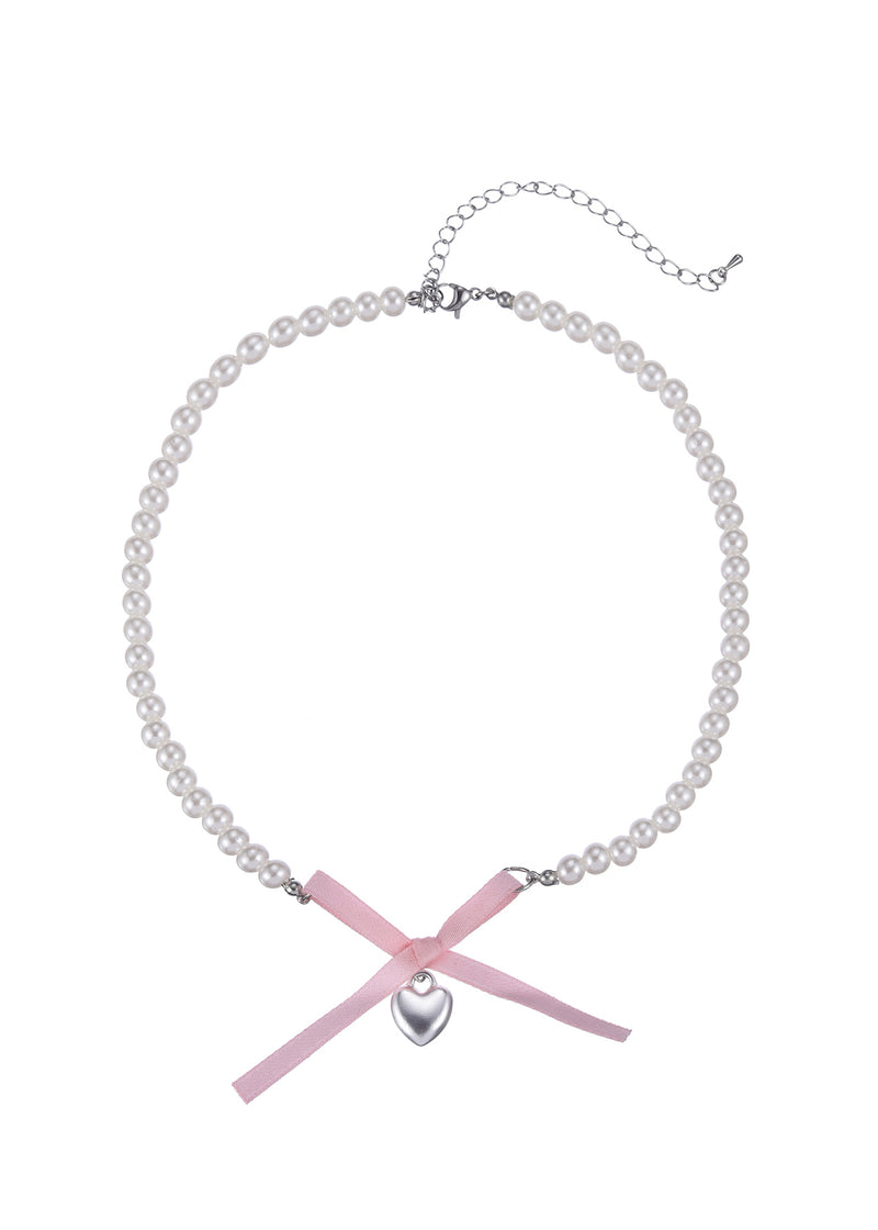 Collar de corazón de plata con lazo rosa de Nanako