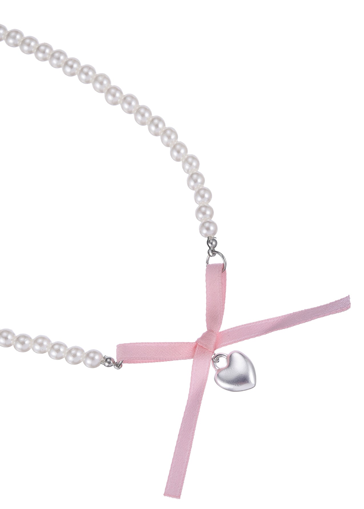 Nanako Pink Ribbon Silver Heart Necklace