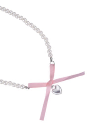 Nanako Pink Ribbon Silver Heart Necklace