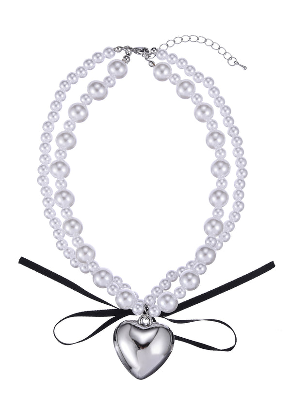 Collar de perlas de corazón de plata con lazo negro de San Valentín