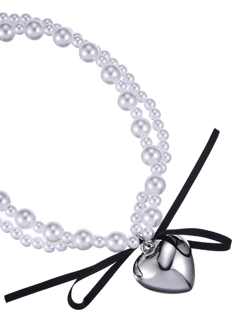 Valentine Black Bow Silver Heart Pearl Necklace