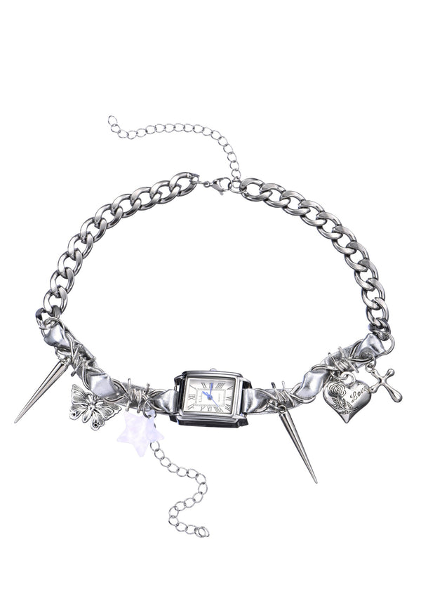 Midninght O'Clock Y2k Silver Choker Necklace