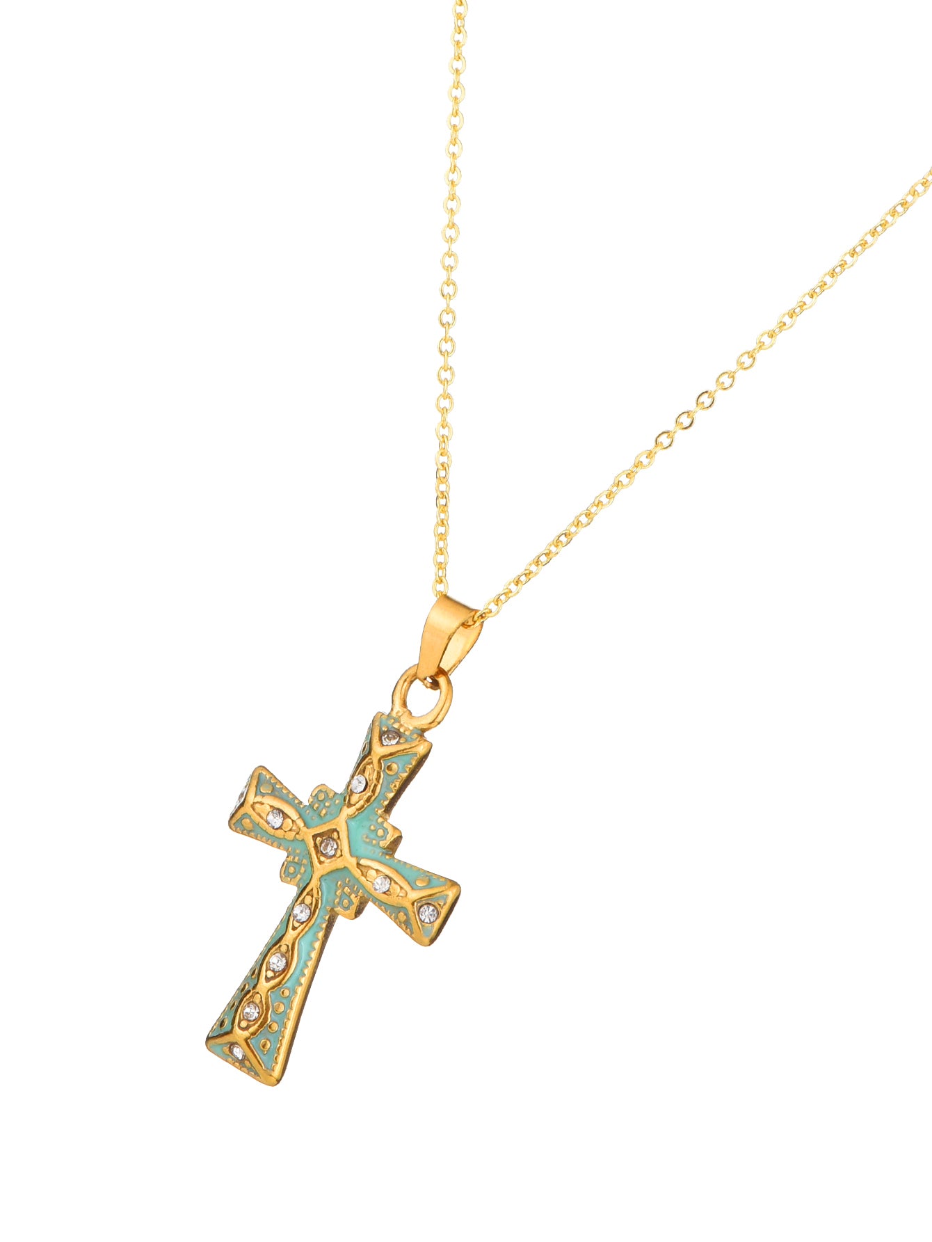 Benji Summer Mint Green Cross Golden Necklace