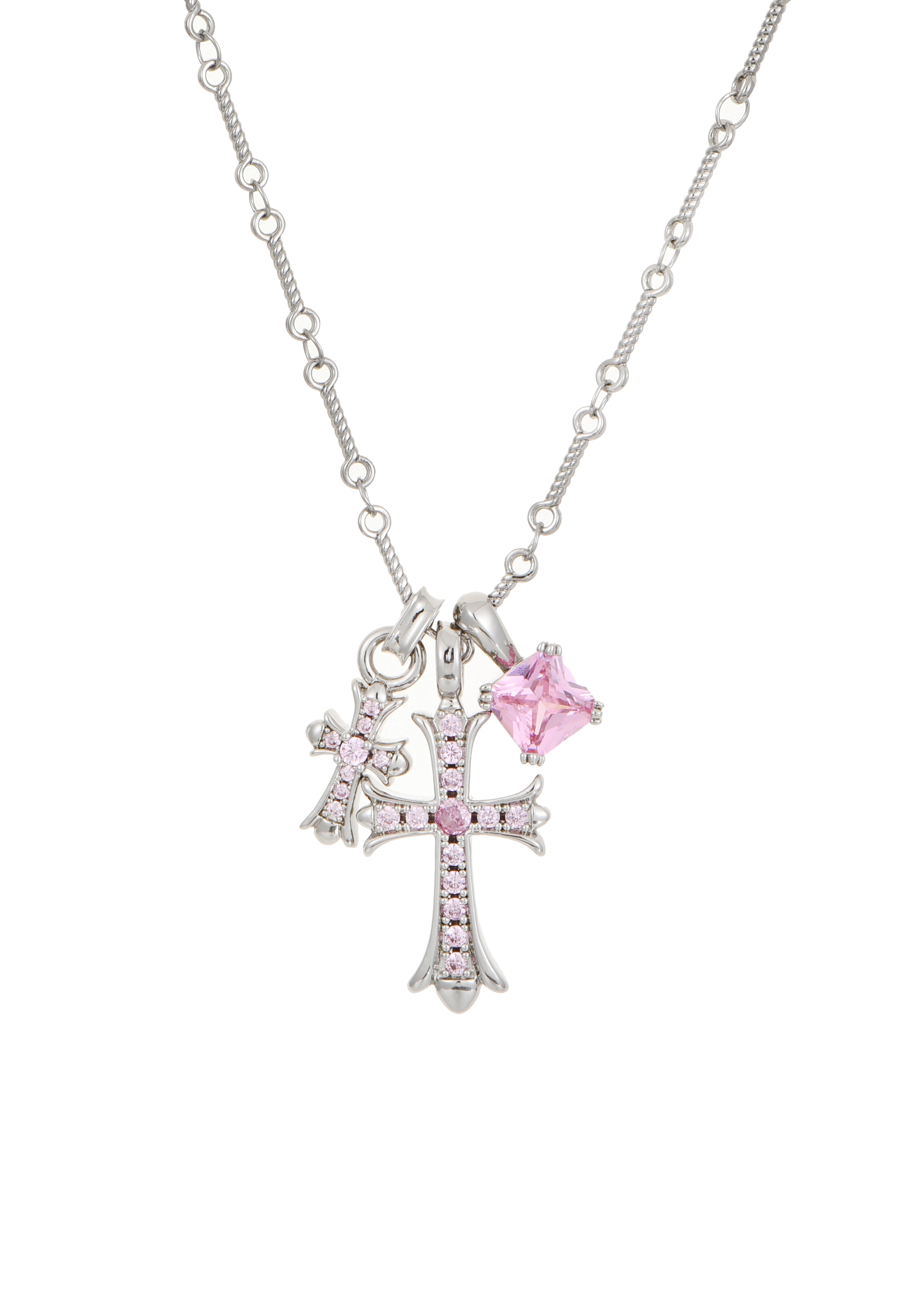 Val Duo Cross  Pink Silver Necklace