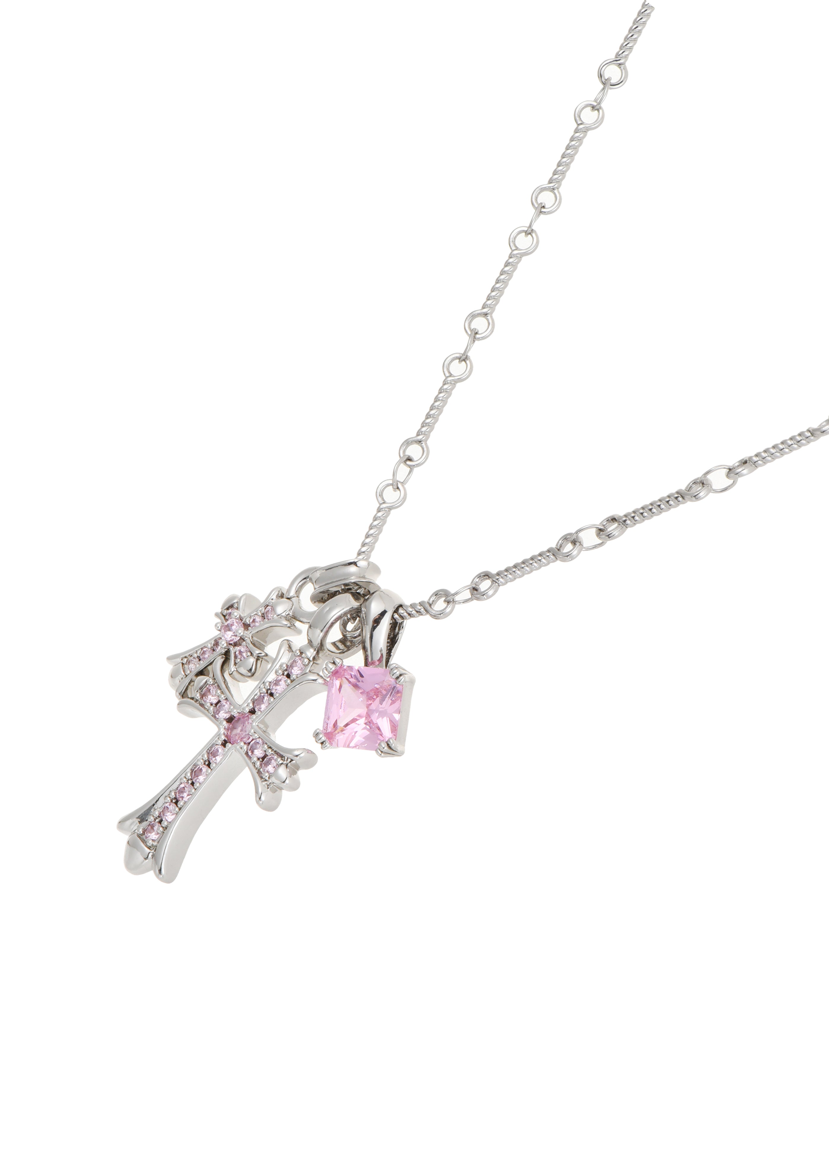 Val Duo Cross  Pink Silver Necklace
