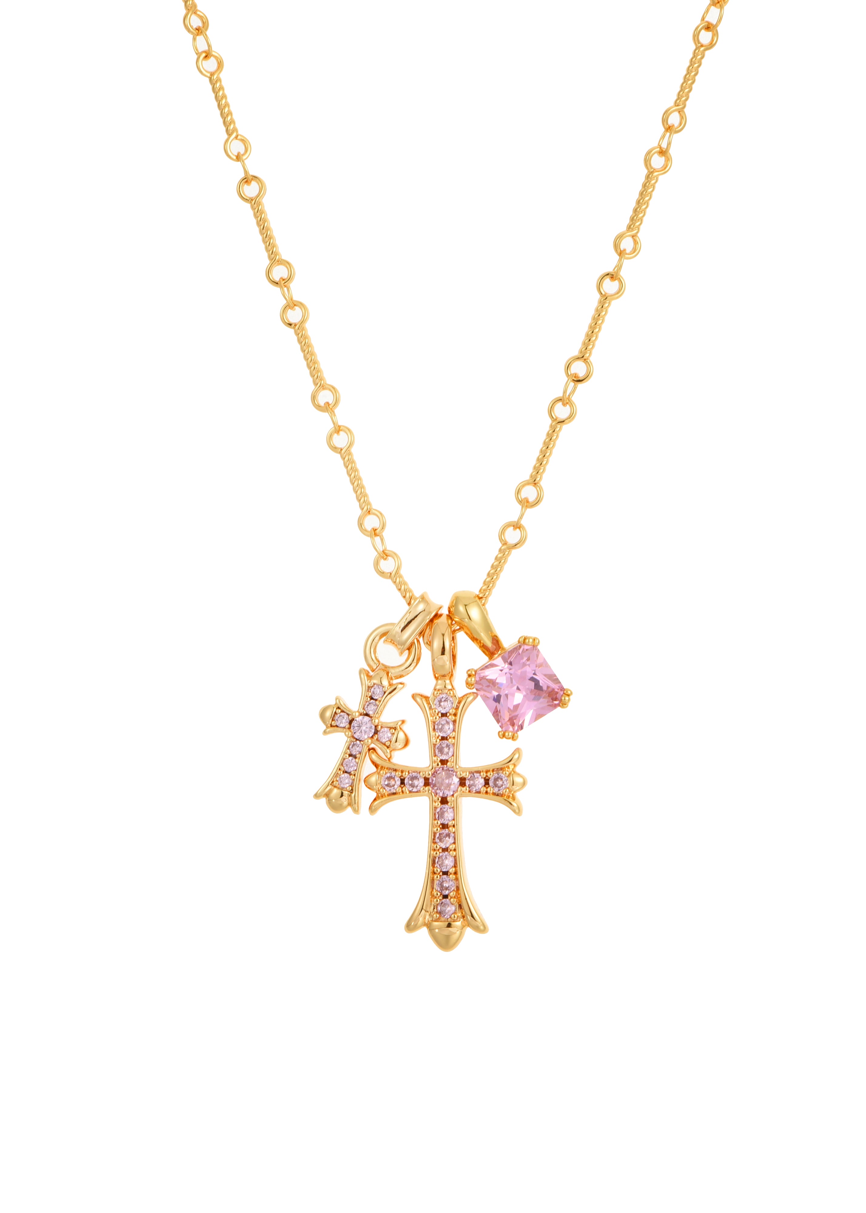 Val Duo Cross  Pink Silver Necklace