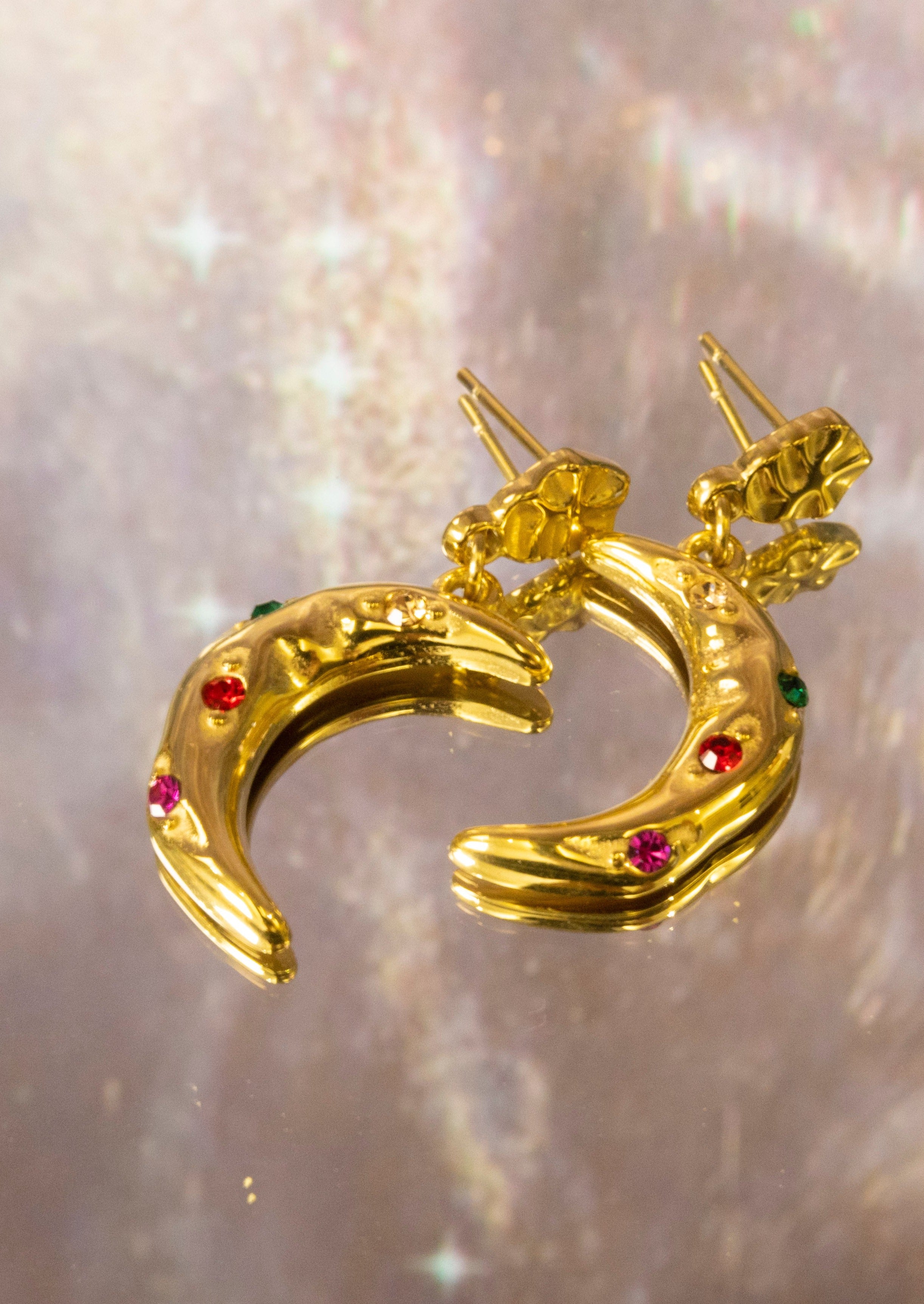 Maya Colored Stone Golden Moon Earrings