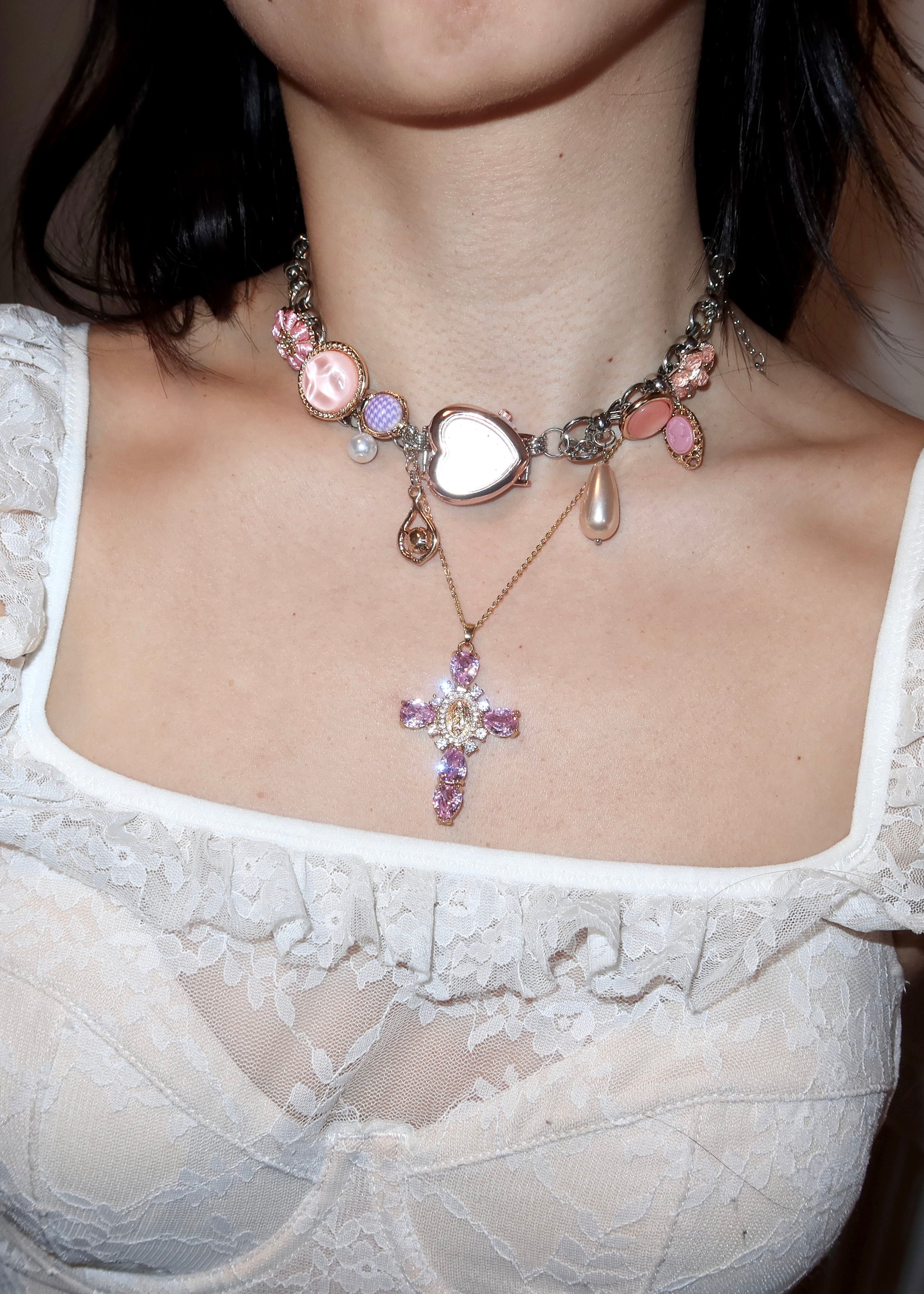 Luana Pink Cross Golden Necklace