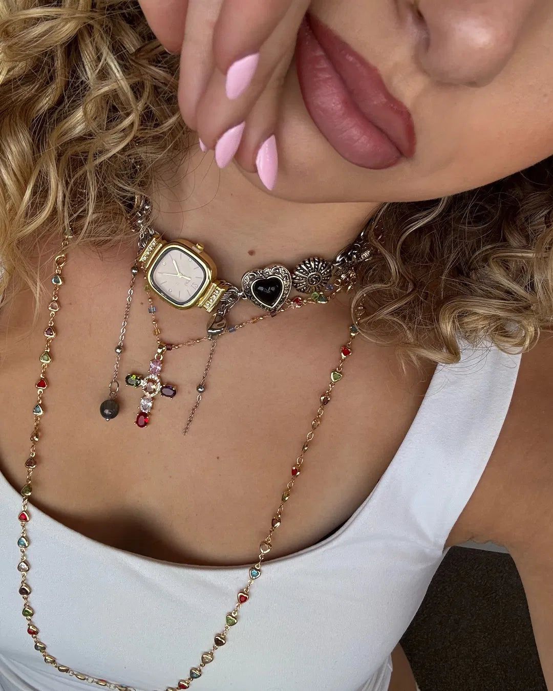Michelle Colorful Hearts Love Golden XL Long Lariat Necklace
